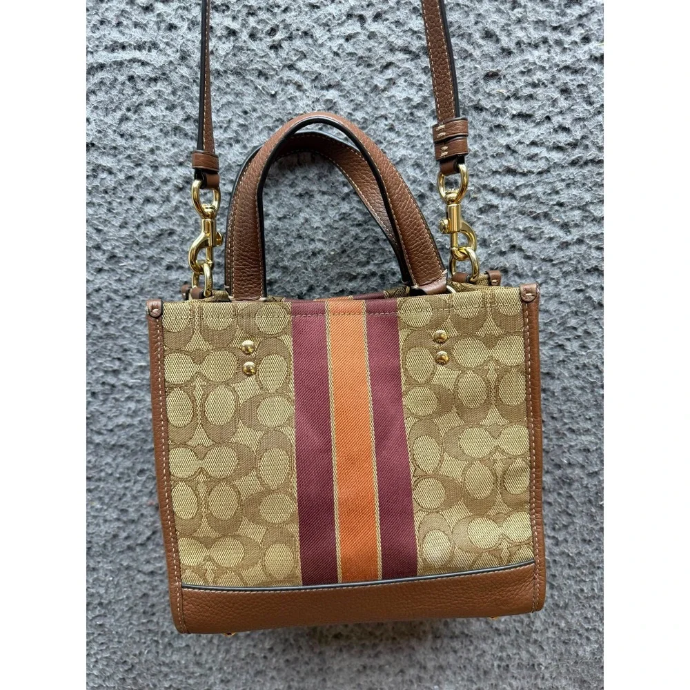 Coach Dempsey Tote Bag Signature Jacquard Stripe Coach Patch C8417 Khaki Red